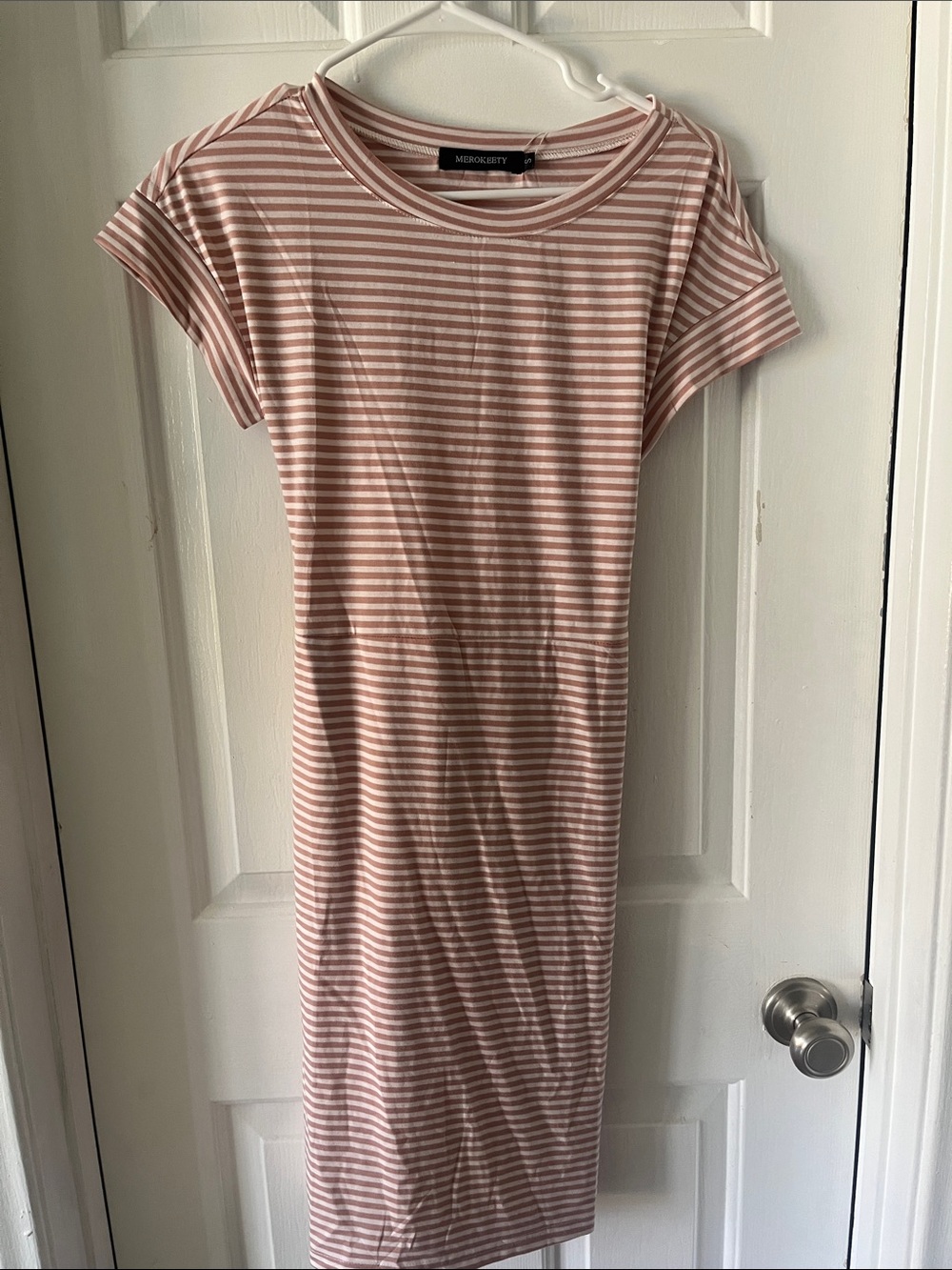 Merokeety Blush Striped Midi T-Shirt Dress